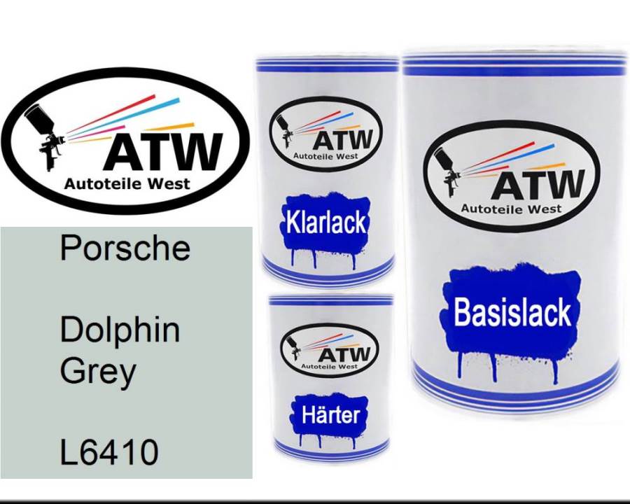 Porsche, Dolphin Grey, L6410: 500ml Lackdose + 500ml Klarlack + 250ml Härter - Set, von ATW Autoteile West.